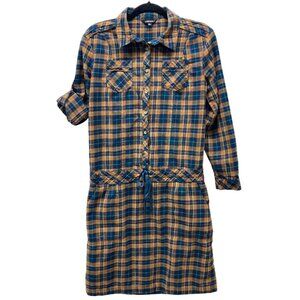 J. Peterman Plaid Shirt Dress, Size 6, Long or Roll‎ Tab Sleeve Drawstring Waist